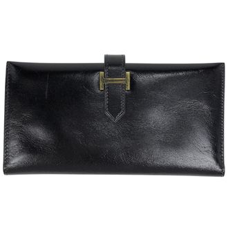 Herm&egrave;s Bearn Black Box Calf Leather Long Wallet (Bi-Fold) (Pre-Owned)