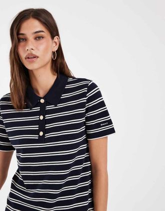 GANT Polo a maniche lunghe blu navy e grigia a righe