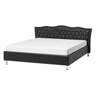 Beliani Beliani - Cama Con Somier De Piel Sint&eacute;tica Negro Plateado 140 X 200 Cm Cabecero Botones Metz