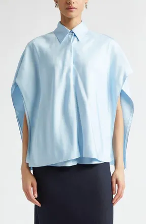 Bottega Veneta Layered Short Sleeve Silk Twill Button-Up Shirt in 4052 Oxford Blue at Nordstrom, Size 42