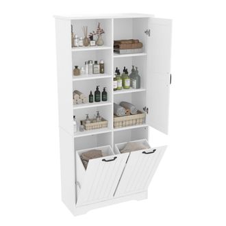 STILVORA Armario De Ba&ntilde;o Con 1 Puerta, 4 Huecos Abiertos Y 2 Cestos Para Ropa, Estante Ajustable, En Mdf, Blanco, 78&times;35&times;172.7 Cm