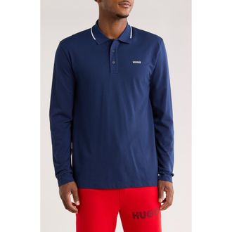 HUGO BOSS Derriko Long Sleeve Cotton Polo in Dark Blue at Nordstrom Rack, Size Medium