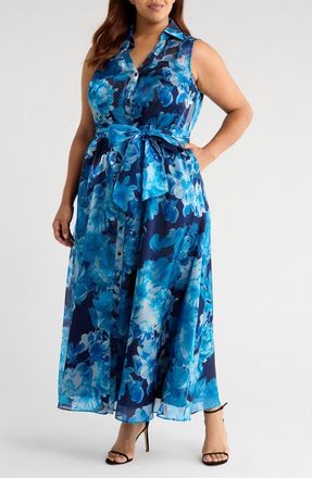 Julia Jordan Floral Sleeveless Organza Gown in Blue Multi at Nordstrom, Size 20W