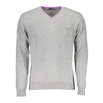 Harmont & Blaine Gray Wool Jumper with V-Neckline and Embroidered Logo - male - Harmont & Blaine - V-neck Knitwear - Gray - 2XL - Knitwear