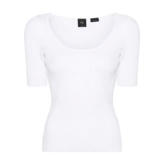 Pinko Pinko - Ribbed Ronde Hals T-shirt - Dames - Truien - Wit - Maat: XS Nylon