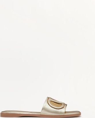 Valentino Garavani Vlogo Cut-Out Laminated Nappa Leather Slide Sandal Woman PLATINUM/ANTIQUE BRASS 35.5
