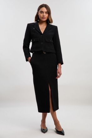 Karen Millen Womens Textured Tweed Tailored Belted Pencil Skirt - Black Cotton - Size 12 UK