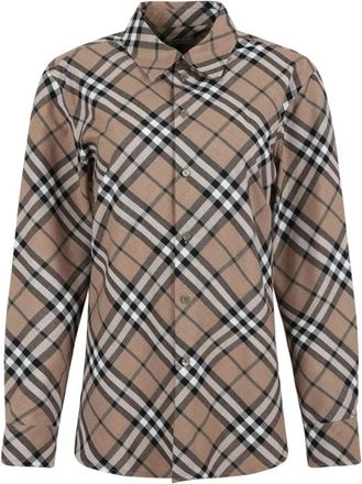 Burberry Geruite wolblend overhemd - Dames - Overhemden - Bruin - M - Wol - Overhemden