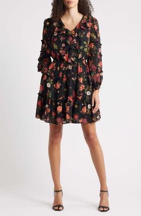 CeCe by Cynthia Steffe Floral Long Sleeve Ruffle Dress in Ruby Wine at Nordstrom Rack, Size X-Large