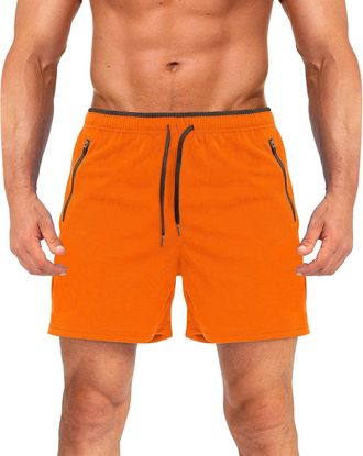 Generic Mens 5 Bodybuilding Shorts with Zipper Pockets Quick Dry Athletic Gym Workout Running Shorts for Men Summer 2025 Vacation Sweat Short Pants Orange