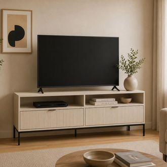 Dmora Mueble Para Tv Limame, 2 Cajones, 3 Estantes, Puertas Efecto Rayado, 150x40x60h Cm Beige Oscuro