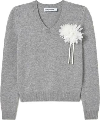 Self Portrait Maglione in misto lana e cashmere con corsage floreale - - Knitwear - Donna - Grigio - M