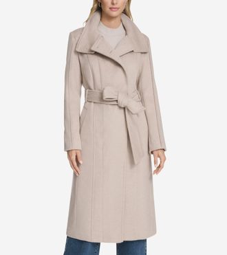 Cole Haan Womens Slick Wool Belted Coat - Beige Size 14