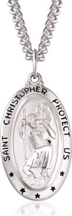 Ross-Simons Mens Sterling Silver and Stainless Steel Saint Christopher Protect Us Pendant Necklace