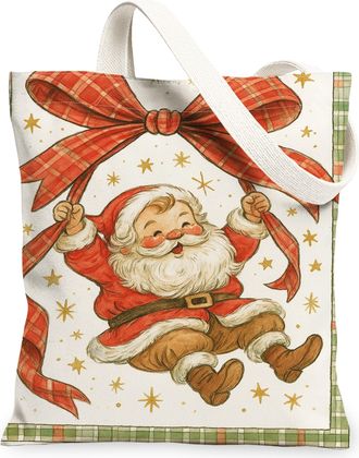 Generic Christmas Santa Canvas Tote Bags, Festive Holiday Design Reusable Grocery Bags, Vintage Rustic Lightweight Washable Shoulde, White, 13x15 Inch