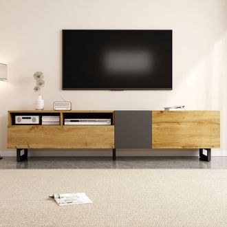 Merax 170cm Retro Wood Grain TV Cabinet with 3 Doors & U-Shaped Metal Legs in Natural