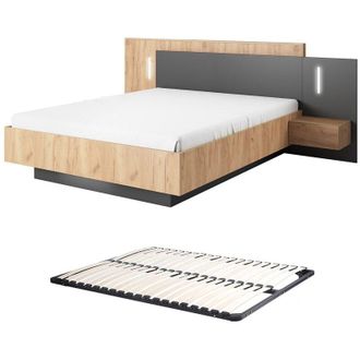 Vente-Unique Vente-unique - Letto con comodini 140 x 190 cm 2 cassetti Con led Naturale e Antracite + Rete - francoli