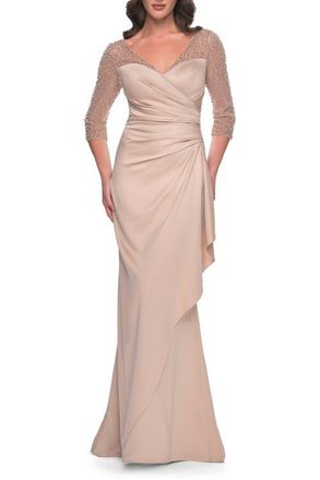 La Femme Stunning Satin Dress with Gathered Waist and Beaded Illusion Sleeves in Champagne at Nordstrom, Size 14