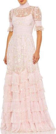 Mac Duggal Whimsical Embroidered Tiered Gown with Smocked Neckline & Floral Detailing in Rose Pink at Nordstrom, Size 12