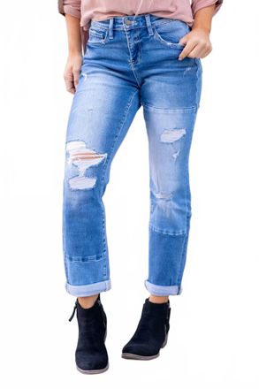 Flying Monkey High Rise Color Block Cuffed Boyfriend Jeans In Diligent