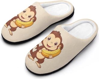 Generic Cute Monkey Hold Bananas Mens Slippers Memory Foam Winter Warm Sandals Slip On House Shoes Size 7-14
