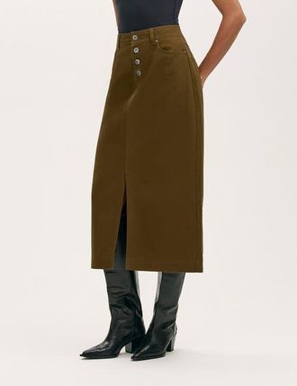 Finery Beth Cotton Button-Front Midi Skirt in Khaki at Nordstrom, Size 18
