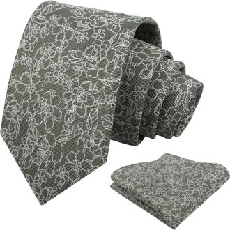 Alizeal Mens Flower Tie Set Solid Color Wedding Party Formal Casual Floral Necktie with Handkerchief Set, Olive Green