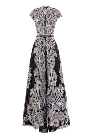 Saiid Kobeisy Jet-Black Fully Embellished Embroidered Tulle A-Line Dress