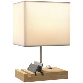 OEM L&aacute;mpara De Mesa Con Puertos Usb-a/c Tres Ranuras Para Tel&eacute;fonos Base De Madera Y Pantalla De Tela Blanco