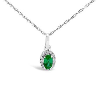 House of Brilliance 10K White Gold 5x3mm Gemstone and Diamond Accent Halo Oval Shape 18 Pendant Necklace in Green Emerald | White at Nordstrom