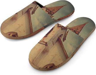 Generic Old Church Mens Slippers Flannel Warm House Shoes with Rubber Anti-Slip Sole Slip On for Home Outdoor