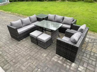 Fimous 10 Seater Wicker PE Rattan Outdoor Furniture Lounge Sofa Garden Dining Set with Dining Table Side Table in Dark Grey
