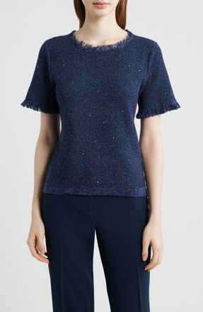 Kobi Halperin Kate Fringe Short Sleeve Sweater in Navy at Nordstrom, Size X-Small