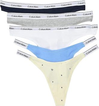 Calvin Klein Underwear Icon Logo Mixed Thong 5-Pack Womens Underwear Shoreline/Blue Descent/Grey Heather/Seeing Star : MD (US 8-10)