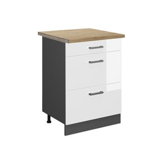 Vicco Mueble Bajo De Cocina R-line, Blanco Alto Brillo, 60 Cm Con Cajones, Et Roble