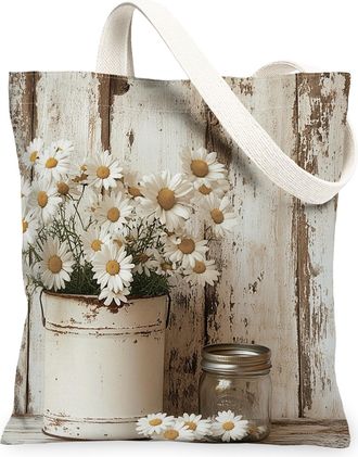 Generic Spring Chamomile Flower Canvas Tote Bag for Shopping 13x15, Farmhouse Rustic Florals Reusable Grocery Print Bag for Women, Country Beach Aesthetic Pai
