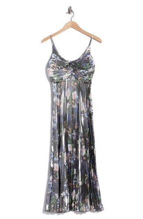 Nicole Miller Metallic Floral Empire Waist Pleated Midi Dress in Spring Black Metallic at Nordstrom Rack, Size 10