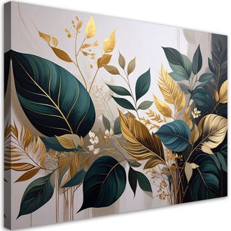 Feeby Cuadro Sobre Lienzo, Hojas De Planta Verde Oro Naturaleza, 120x80