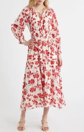 Rails Matia Floral Long Sleeve Cotton Maxi Dress in Red Jasmine at Nordstrom, Size Xx-Small