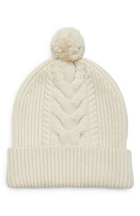 Lafayette 148 New York Pompom Cable Stitch Cashmere & Silk Beanie in Buff Melange at Nordstrom