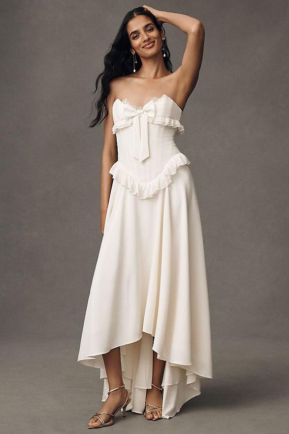 Harmony Silk Strapless Corset Drop-Waist High-Low Maxi Dress
