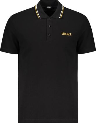 Versace Geborduurde katoenen polo shirt met gestreepte details - Heren - Polos - Zwart - XL - Katoen - Tops
