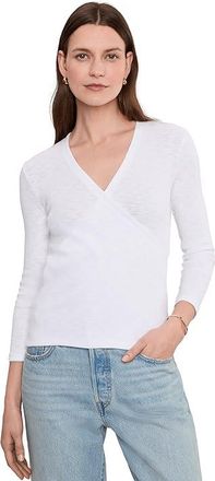 Lilla P Ribbed Slub 3/4 Sleeve Surplice Womens Clothing White : XS, Cotton