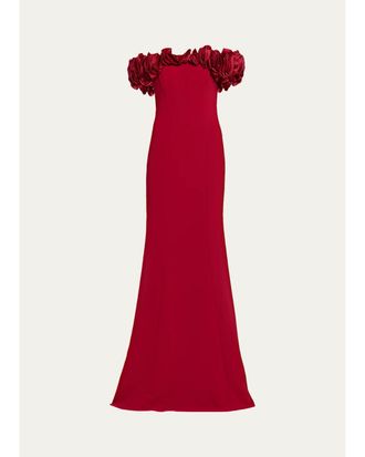 Teri Jon Ruffle Off-Shoulder Crepe Gown