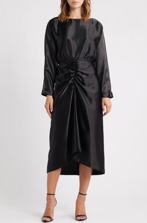 Julia Jordan Long Sleeve Satin Cocktail Midi Dress in Black at Nordstrom, Size 12