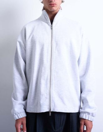 Topman Felpa pesante squadrata grigio chiaro mélange con zip e scollo a imbuto
