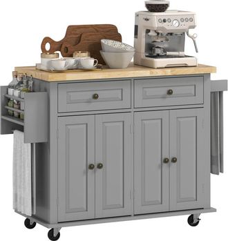 HOMCOM Isla De Cocina Con Ruedas Carro De Cocina Mueble Auxiliar De Cocina Con 2 Cajones 4 Puertas Especiero Y Barra Lateral 111x44,5x82,5 Cm Gris - Homcom