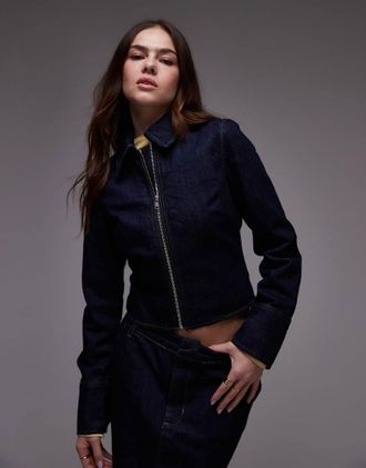Topshop Camicia in denim indaco rinse wash con zip-Blu