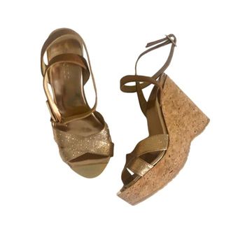 Jimmy Choo London Gold Crossover Leather Wedges Size 36.5