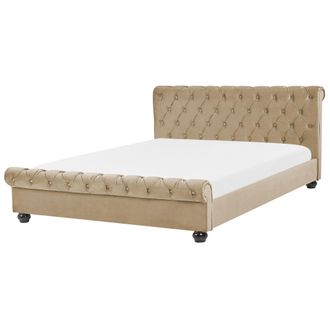 Beliani Cama Doble Tapizada En Terciopelo Beige 160 X 200 Cm Con Cabecero Acolchado Estilo Glam Avallon